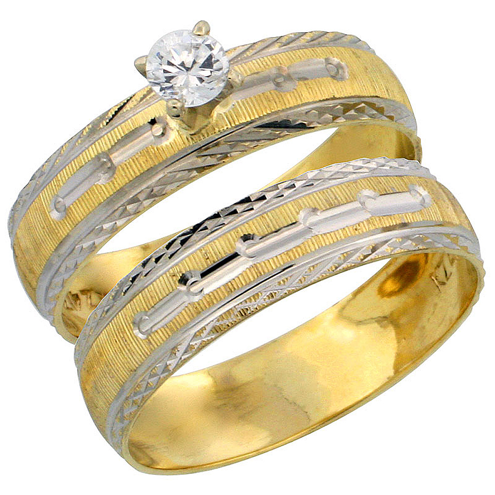 10k Gold Ladies' 2-Piece 0.10 Carat Diamond Engagement Ring Set Diamond-cut Pattern Rhodium Accent, 3/16 in. (4.5mm) wide, Sizes 5 - 10