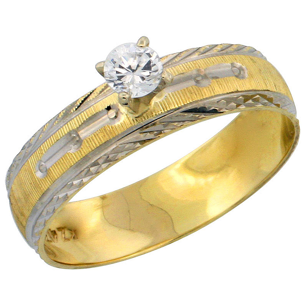 10k Gold Solitaire Diamond Engagement Ring 0.10 ct Diamond-cut Pattern Rhodium Accent, 3/16 in. (4.5mm) wide, Sizes 5 - 10