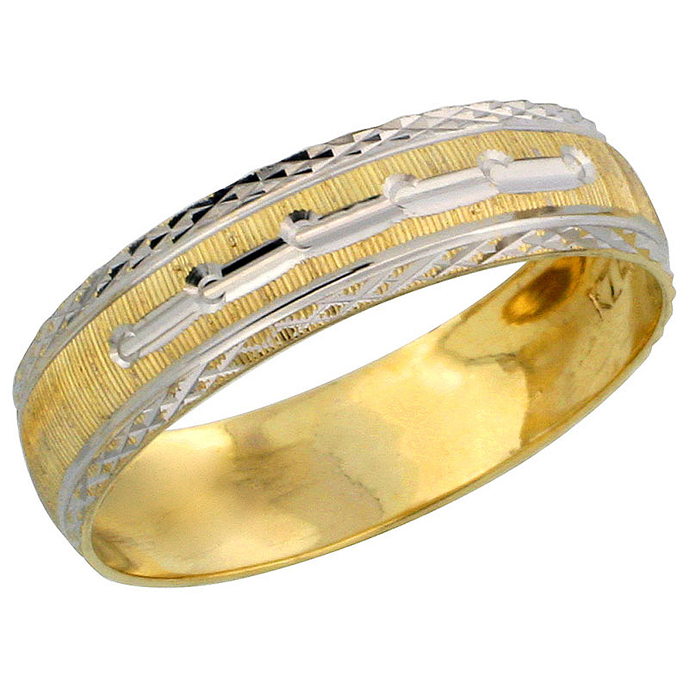 10k Gold Ladies' Wedding Band Ring Diamond-cut Pattern Rhodium Accent, 3/16 in. (4.5mm) wide, Sizes 5 - 10
