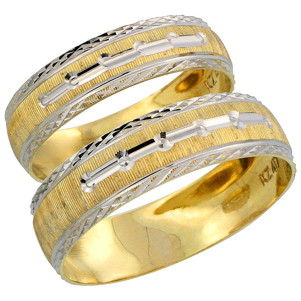 10k Gold 2-Piece Wedding Band Ring Set Him & Her 5.5mm & 4.5mm Diamond-cut Pattern Rhodium Accent, Ladies' Sizes 5 - 10 & Men's Sizes 8 - 14