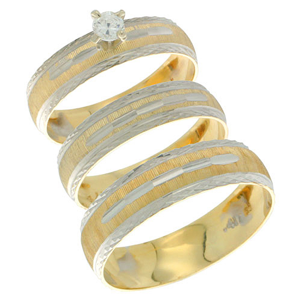 10k Gold 3-Piece Trio Diamond Wedding Ring Set Him & Her 0.10 ct Rhodium Accent Diamond-cut Pattern , Ladies Sizes 5 - 10 & Men's Sizes 8 - 14