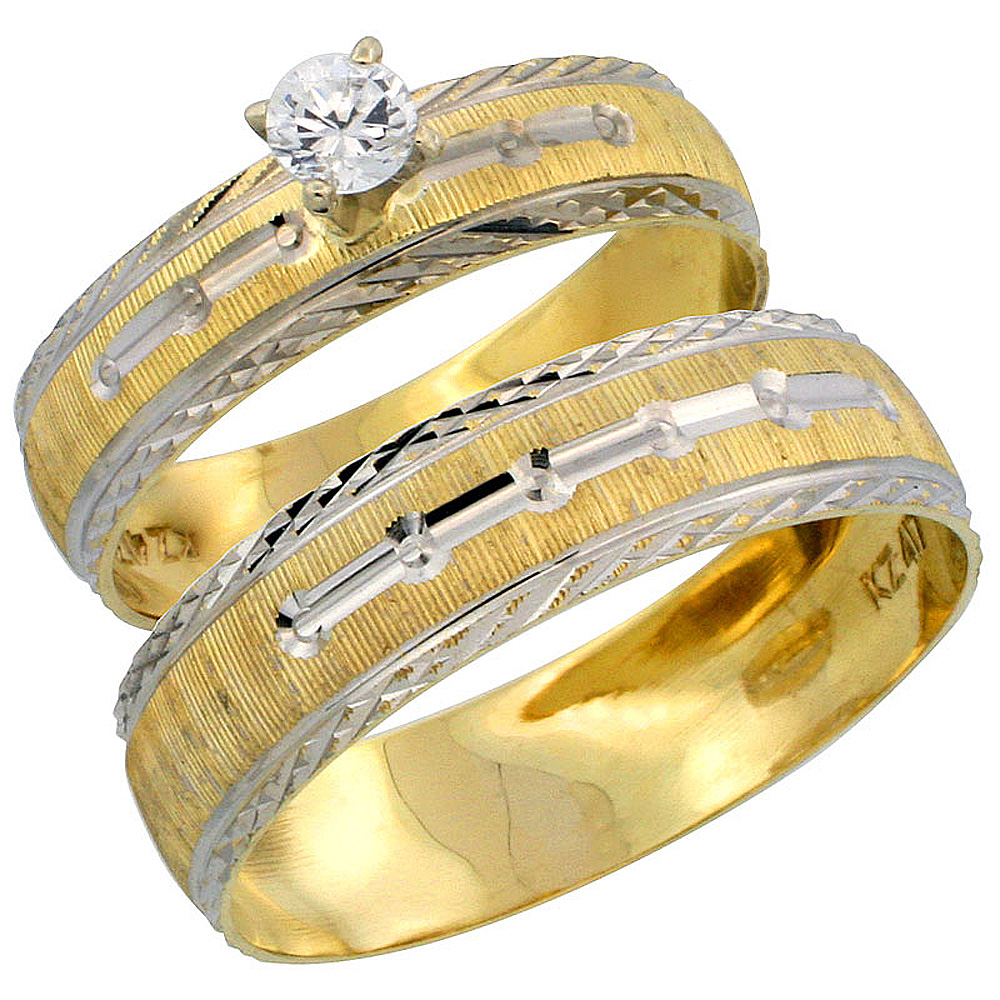 10k Gold 2-Piece Diamond Engagement Ring & Wedding Band Set his and hers 0.10 cttw Rhodium Accent Diamond-cut Pattern, 4.5mm & 5.5mm wide , Ladies' Sizes 5 - 10 & Men's Size 8 - 14