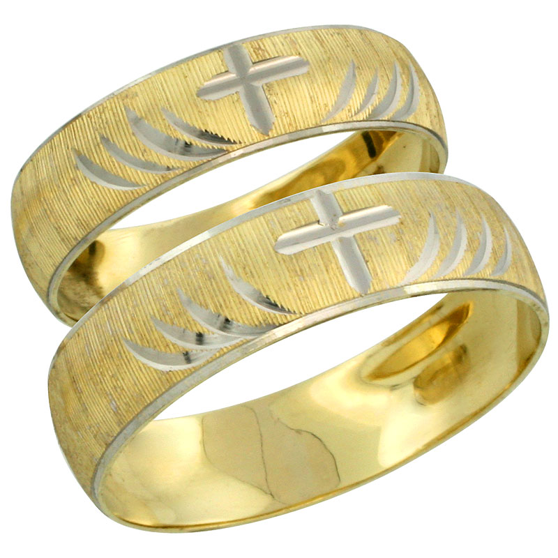 10k Gold 2-Piece Wedding Band Ring Set Him & Her 5.5mm & 4.5mm Diamond-cut Pattern Rhodium Accent, Ladies' Sizes 5 - 10 & Men's Sizes 8 - 14