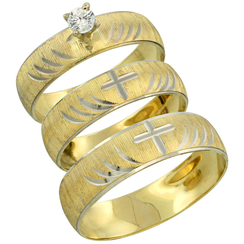 10k Gold 3-Piece Trio Diamond Wedding Ring Set Him & Her 0.10 ct Rhodium Accent Diamond-cut Pattern , Ladies Sizes 5 - 10 & Men's Sizes 8 - 14