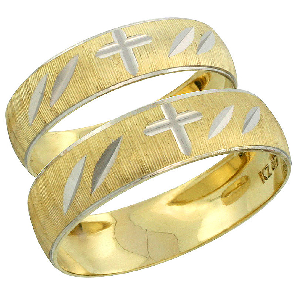 10k Gold 2-Piece Wedding Band Ring Set Him & Her 5.5mm & 4.5mm Diamond-cut Pattern Rhodium Accent, Ladies' Sizes 5 - 10 & Men's Sizes 8 - 14