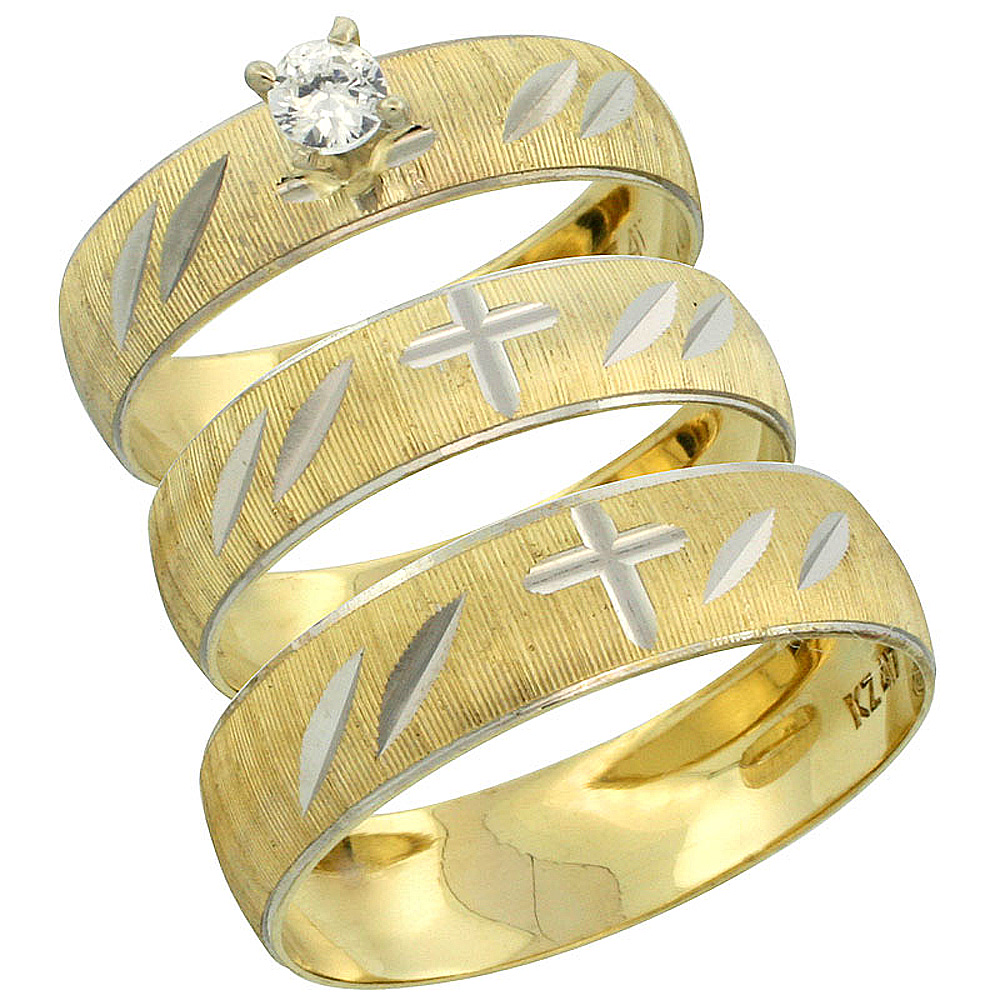 10k Gold 3-Piece Trio Diamond Wedding Ring Set Him & Her 0.10 ct Rhodium Accent Diamond-cut Pattern , Ladies Sizes 5 - 10 & Men's Sizes 8 - 14