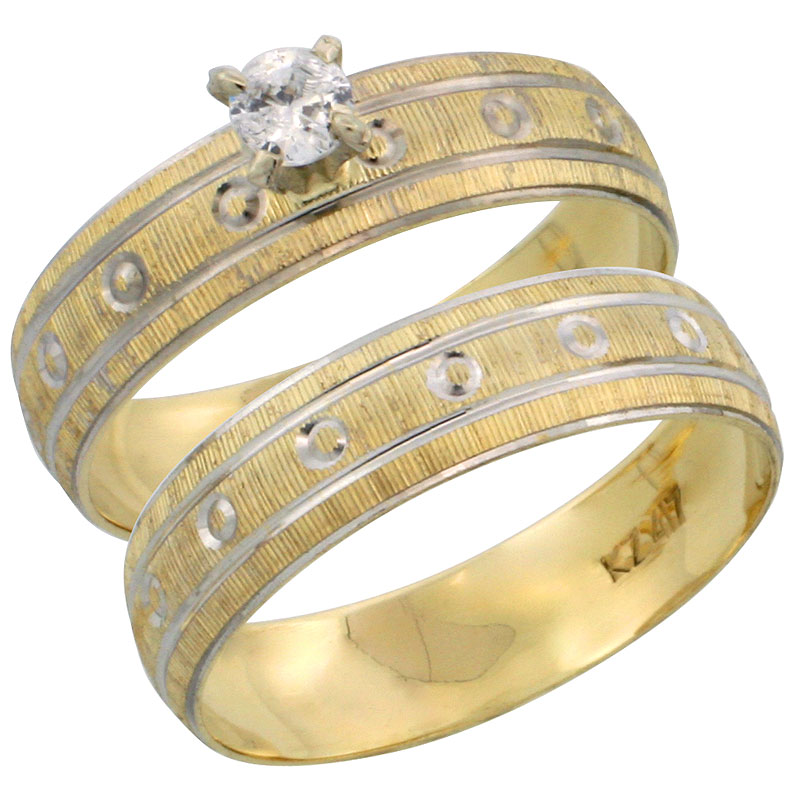 10k Gold Ladies' 2-Piece 0.10 Carat Diamond Engagement Ring Set Diamond-cut Pattern Rhodium Accent, 3/16 in. (4.5mm) wide, Sizes 5 - 10