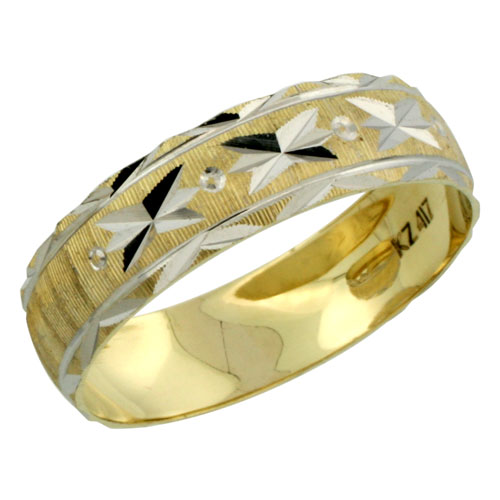10k Gold Men's Wedding Band Ring Diamond-cut Pattern Rhodium Accent, 7/32 in. (5.5mm) wide, Sizes 8 - 14