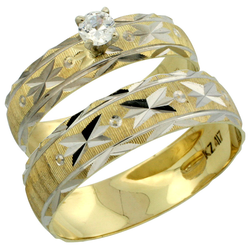 10k Gold 2-Piece Diamond Engagement Ring & Wedding Band Set his and hers 0.10 cttw Rhodium Accent Diamond-cut Pattern, 4.5mm & 5.5mm wide , Ladies' Sizes 5 - 10 & Men's Size 8 - 14