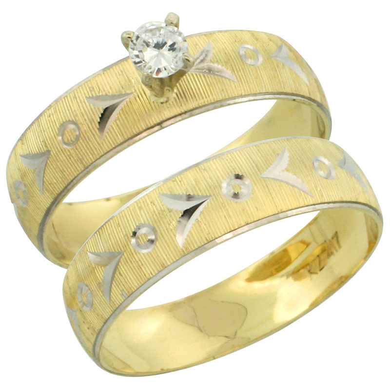 10k Gold Ladies' 2-Piece 0.10 Carat Diamond Engagement Ring Set Diamond-cut Pattern Rhodium Accent, 3/16 in. (4.5mm) wide, Sizes 5 - 10