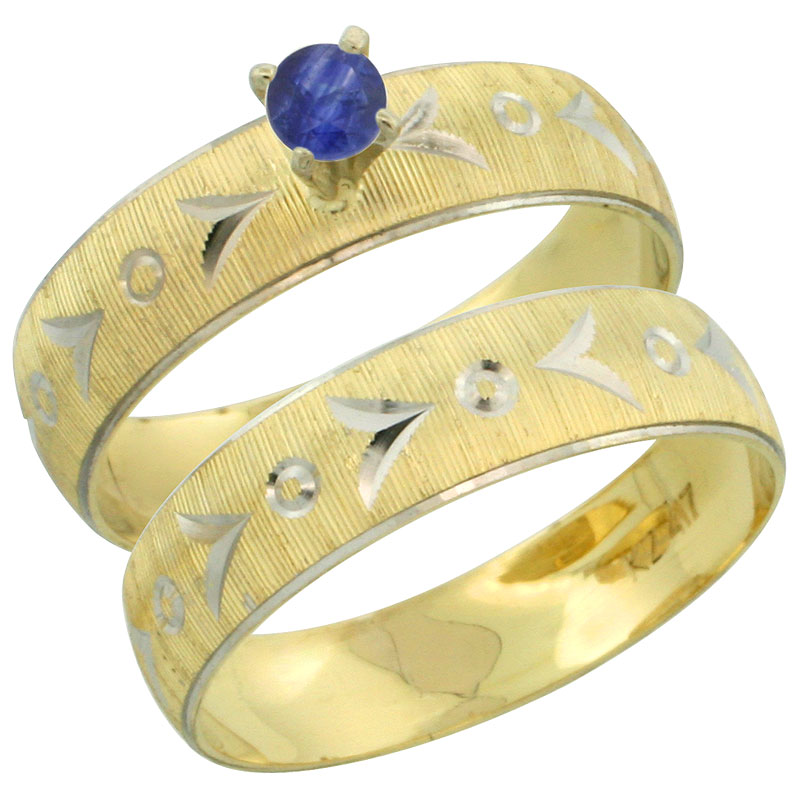 10k Gold Ladies' 2-Piece 0.25 Carat Deep Blue Sapphire Engagement Ring Set Diamond-cut Pattern Rhodium Accent, 3/16 in. (4.5mm) wide, Sizes 5 - 10