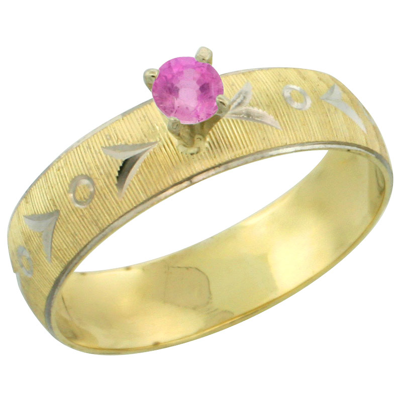 10k Gold Ladies' Solitaire 0.25 Carat Pink Sapphire Engagement Ring Diamond-cut Pattern Rhodium Accent, 3/16 in. (4.5mm) wide, Sizes 5 - 10