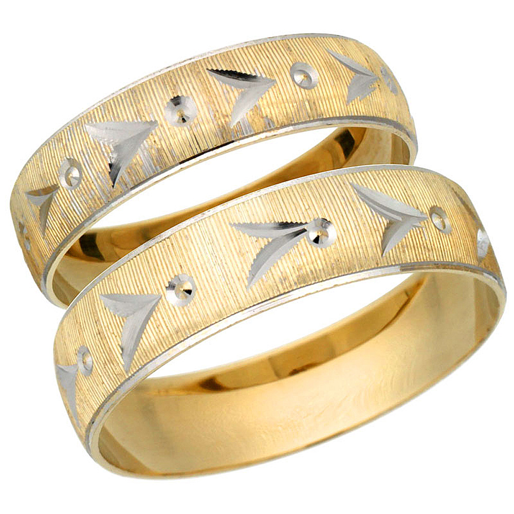 10k Gold 2-Piece Wedding Band Ring Set Him & Her 5.5mm & 4.5mm Diamond-cut Pattern Rhodium Accent, Ladies' Sizes 5 - 10 & Men's Sizes 8 - 14