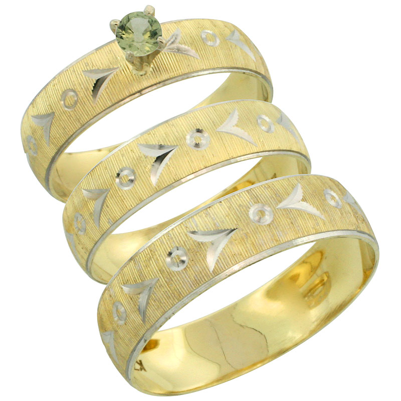 10k Gold 3-Piece Trio Green Sapphire Wedding Ring Set Him & Her 0.10 ct Rhodium Accent Diamond-cut Pattern, Ladies Sizes 5 - 10 & Men's Sizes 8 - 14