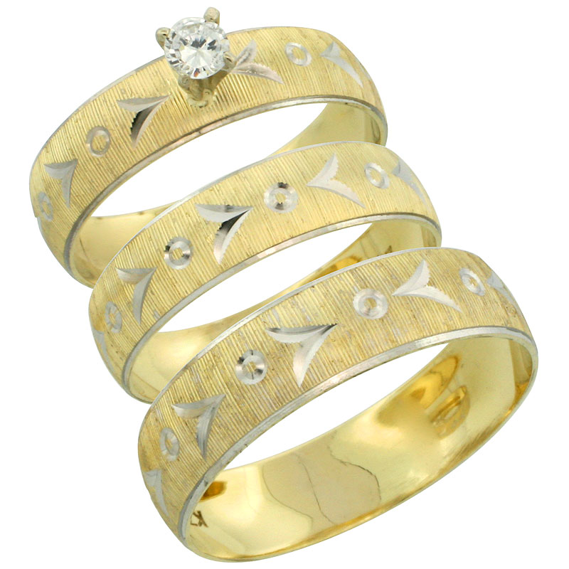 10k Gold 3-Piece Trio White Sapphire Wedding Ring Set Him & Her 0.10 ct Rhodium Accent Diamond-cut Pattern , Ladies Sizes 5 - 10 & Men's Sizes 8 - 14
