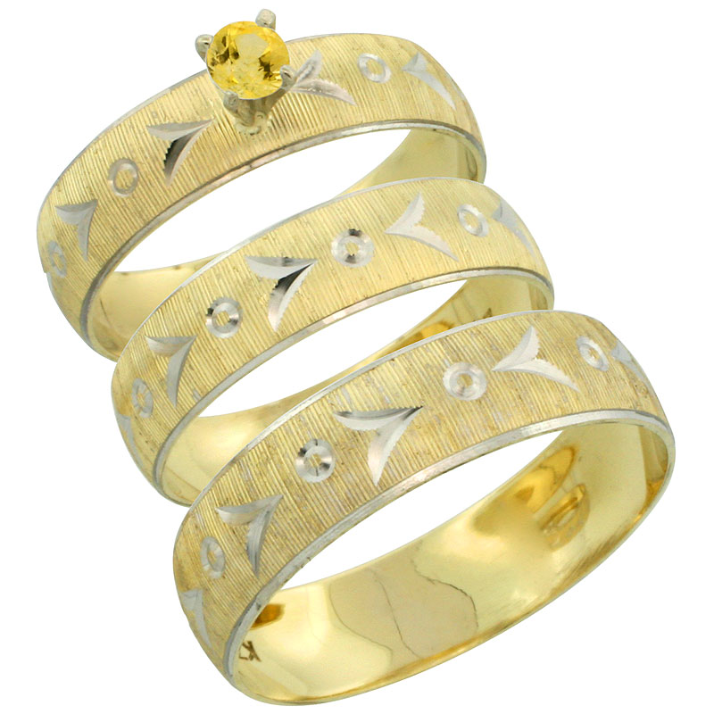 10k Gold 3-Piece Trio Yellow Sapphire Wedding Ring Set Him & Her 0.10 ct Rhodium Accent Diamond-cut Pattern, Ladies Sizes 5 - 10 & Men's Sizes 8 - 14