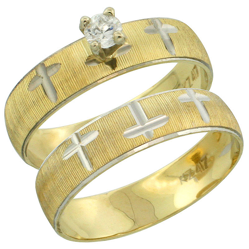 10k Gold Ladies' 2-Piece 0.10 Carat Diamond Engagement Ring Set Diamond-cut Pattern Rhodium Accent, 3/16 in. (4.5mm) wide, Sizes 5 - 10
