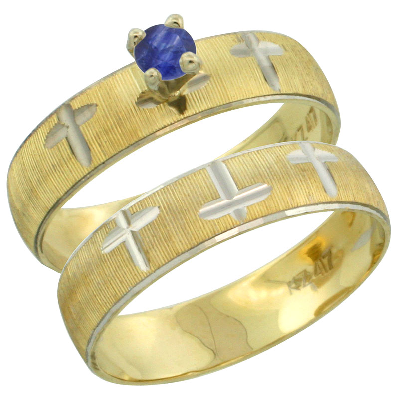 10k Gold Ladies' 2-Piece 0.25 Carat Deep Blue Sapphire Engagement Ring Set Diamond-cut Pattern Rhodium Accent, 3/16 in. (4.5mm) wide, Sizes 5 - 10