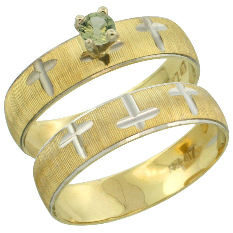 10k Gold Ladies' 2-Piece 0.25 Carat Green Sapphire Engagement Ring Set Diamond-cut Pattern Rhodium Accent, 3/16 in. (4.5mm) wide, Sizes 5 - 10