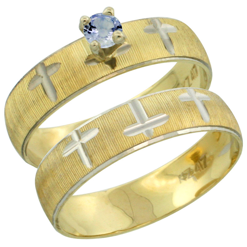 10k Gold Ladies' 2-Piece 0.25 Carat Light Blue Sapphire Engagement Ring Set Diamond-cut Pattern Rhodium Accent, 3/16 in. (4.5mm) wide, Sizes 5 - 10