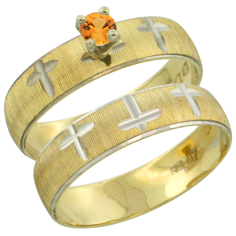 10k Gold Ladies' 2-Piece 0.25 Carat Orange Sapphire Engagement Ring Set Diamond-cut Pattern Rhodium Accent, 3/16 in. (4.5mm) wide, Sizes 5 - 10