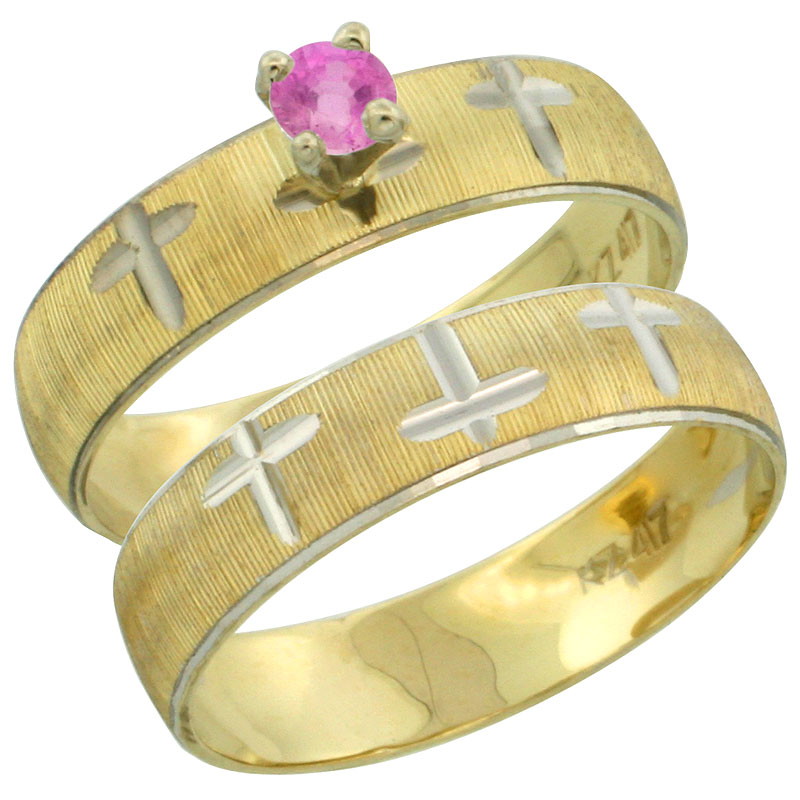 10k Gold Ladies' 2-Piece 0.25 Carat Pink Sapphire Engagement Ring Set Diamond-cut Pattern Rhodium Accent, 3/16 in. (4.5mm) wide, Sizes 5 - 10