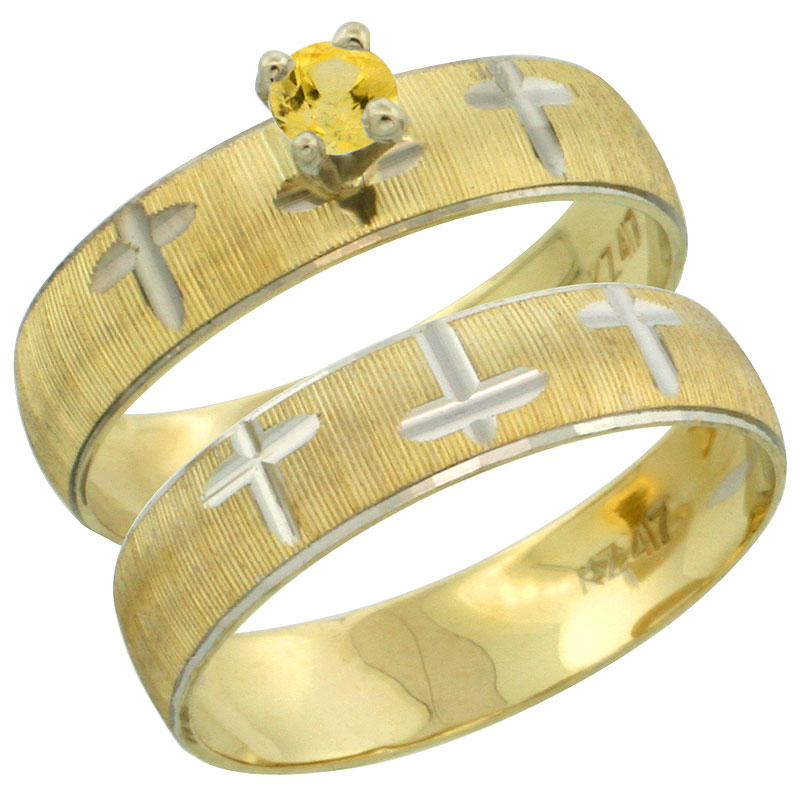 10k Gold Ladies' 2-Piece 0.25 Carat Yellow Sapphire Engagement Ring Set Diamond-cut Pattern Rhodium Accent, 3/16 in. (4.5mm) wide, Sizes 5 - 10