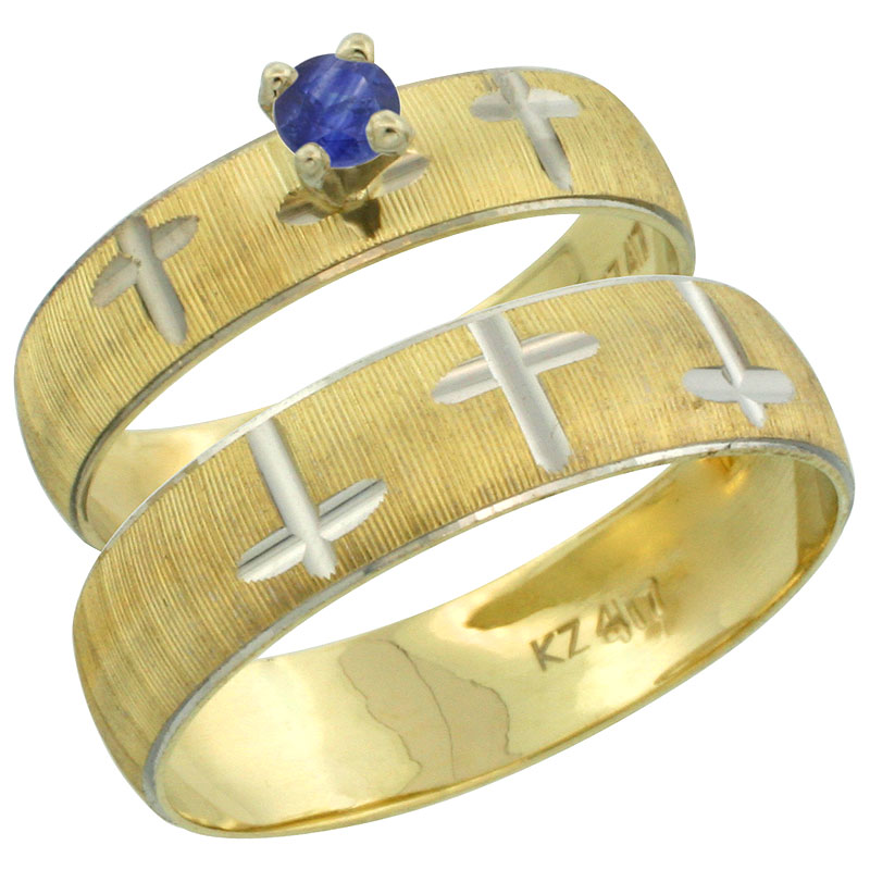 10k Gold 2-Piece 0.25 Carat Deep Blue Sapphire Ring Set (Engagement Ring & Man's Wedding Band) Diamond-cut Pattern Rhodium Accent, (4.5mm; 5.5mm) wide , Ladies' Sizes 5 - 10 & Men's Size 8 - 14