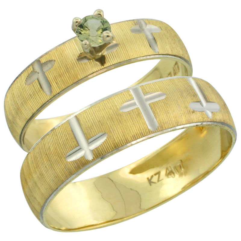 10k Gold 2-Piece 0.25 Carat Green Sapphire Ring Set (Engagement Ring & Man's Wedding Band) Diamond-cut Pattern Rhodium Accent, (4.5mm; 5.5mm) wide , Ladies' Sizes 5 - 10 & Men's Size 8 - 14