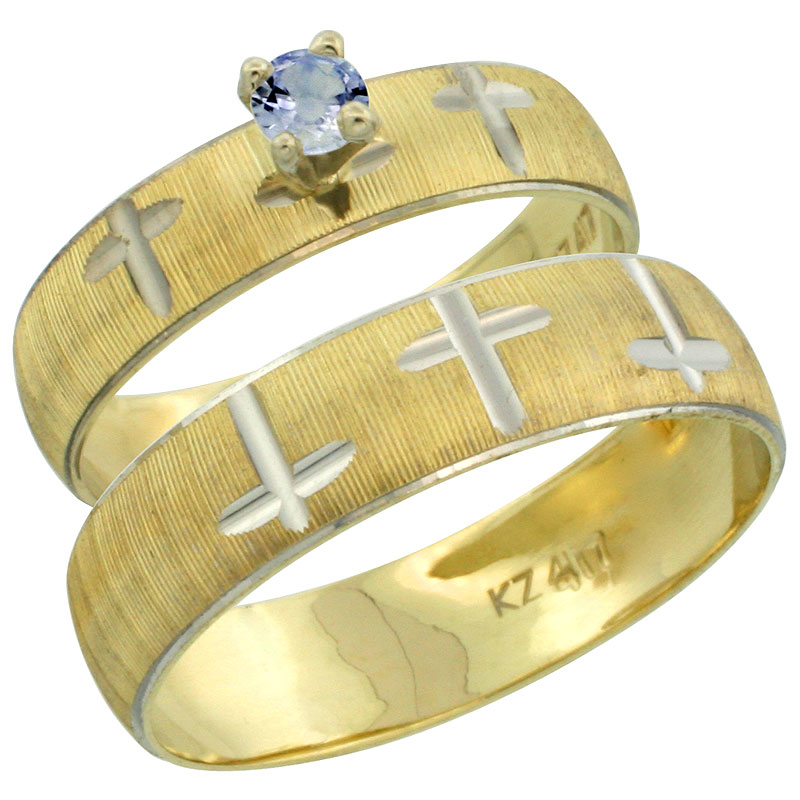 10k Gold 2-Piece 0.25 Carat Light Blue Sapphire Ring Set (Engagement Ring & Man's Wedding Band) Diamond-cut Pattern Rhodium Accent, (4.5mm; 5.5mm) wide , Ladies' Sizes 5 - 10 & Men's Size 8 - 14