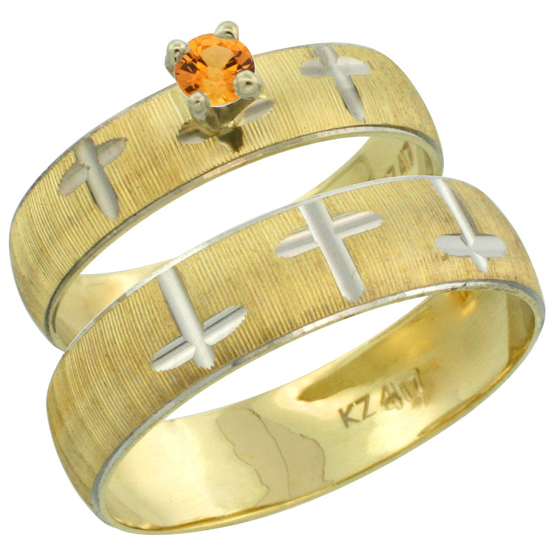 10k Gold 2-Piece 0.25 Carat Orange Sapphire Ring Set (Engagement Ring & Man's Wedding Band) Diamond-cut Pattern Rhodium Accent, (4.5mm; 5.5mm) wide , Ladies' Sizes 5 - 10 & Men's Size 8 - 14