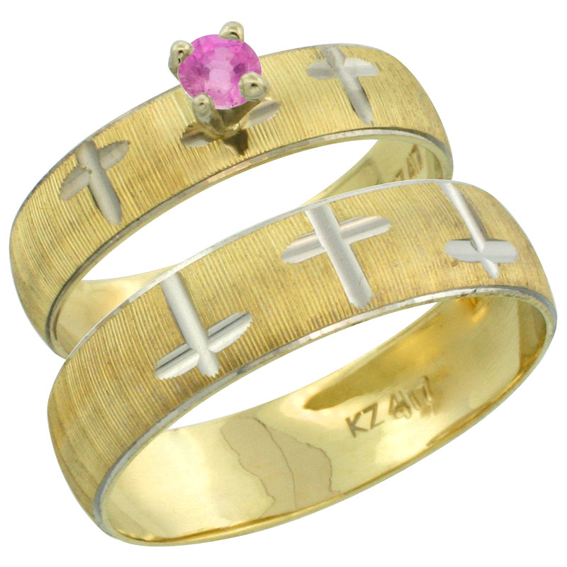 10k Gold 2-Piece 0.25 Carat Pink Sapphire Ring Set (Engagement Ring & Man's Wedding Band) Diamond-cut Pattern Rhodium Accent, (4.5mm; 5.5mm) wide , Ladies' Sizes 5 - 10 & Men's Size 8 - 14