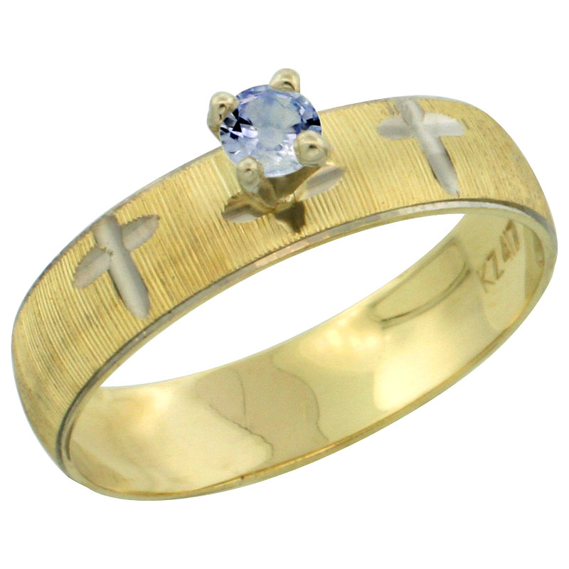 10k Gold Ladies' Solitaire 0.25 Carat Light Blue Sapphire Engagement Ring Diamond-cut Pattern Rhodium Accent, 3/16 in. (4.5mm) wide, Sizes 5 - 10