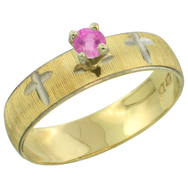 10k Gold Ladies' Solitaire 0.25 Carat Pink Sapphire Engagement Ring Diamond-cut Pattern Rhodium Accent, 3/16 in. (4.5mm) wide, Sizes 5 - 10