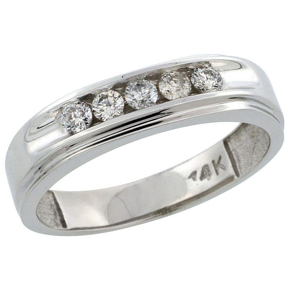14k White Gold 5-Stone Men's Diamond Ring Band w/ 0.46 Carat Brilliant Cut Diamonds, 1/4 in. (6mm) wide