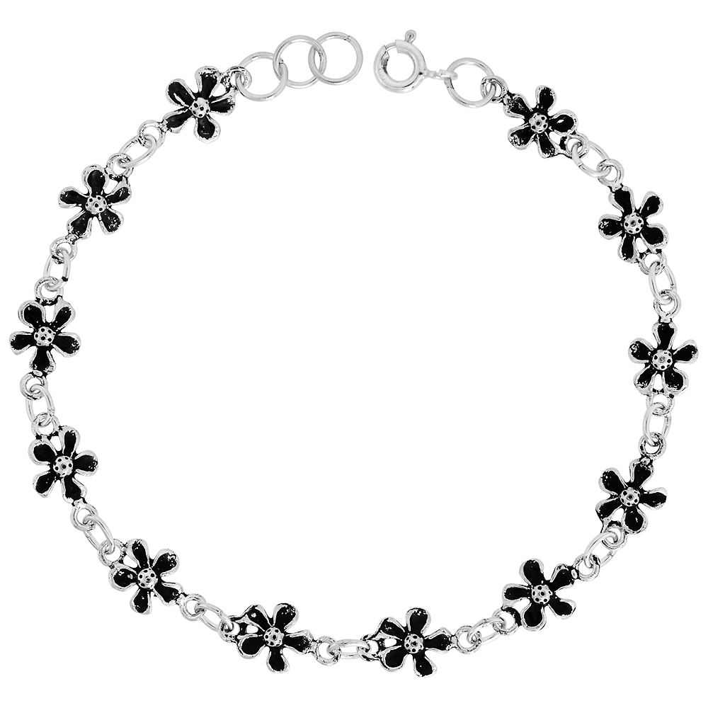 Dainty Sterling Silver Flower Bracelet for Women 3/8 wide 7.5 inch long