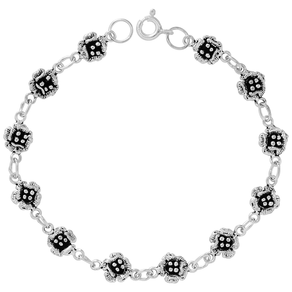 Dainty Sterling Silver Flower Bracelet for Women 1/4 wide 7.5 inch long