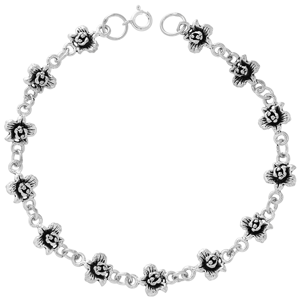 Dainty Sterling Silver Flower Bracelet for Women 1/4 wide 7.5 inch long