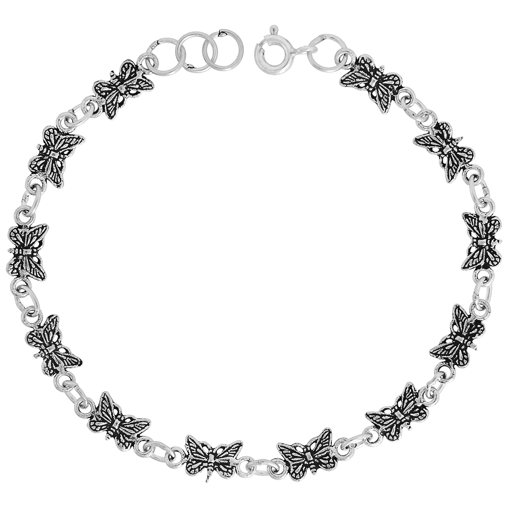 Dainty Sterling Silver Butterfly Bracelet for Women 3/16 wide 7.5 inch long