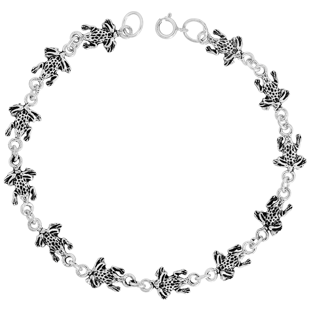 Dainty Sterling Silver Frog Bracelet for Women 1/4 wide 7.5 inch long