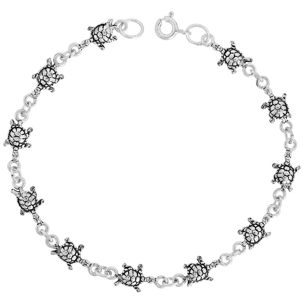 Dainty Sterling Silver Turtle Bracelet for Women 5/16 wide 7.5 inch long