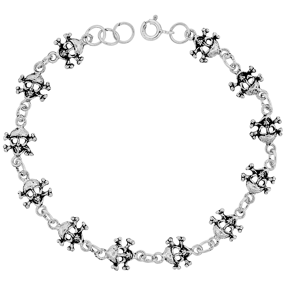 Dainty Sterling Silver Skull Bracelet for Women 3/8 wide 7.5 inch long