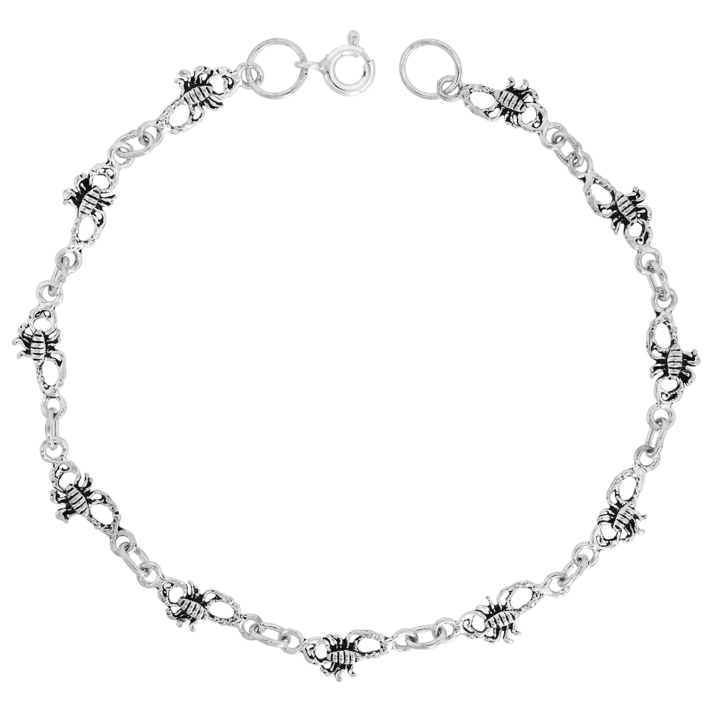 Dainty Sterling Silver Scorpion Bracelet for Women 1/4 wide 7.5 inch long