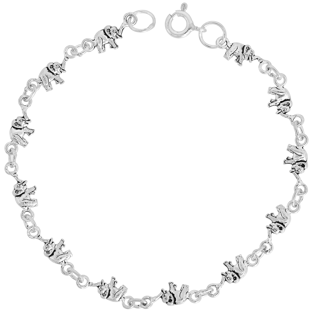 Dainty Sterling Silver Elephant Bracelet for Women 3/16 wide 7.5 inch long