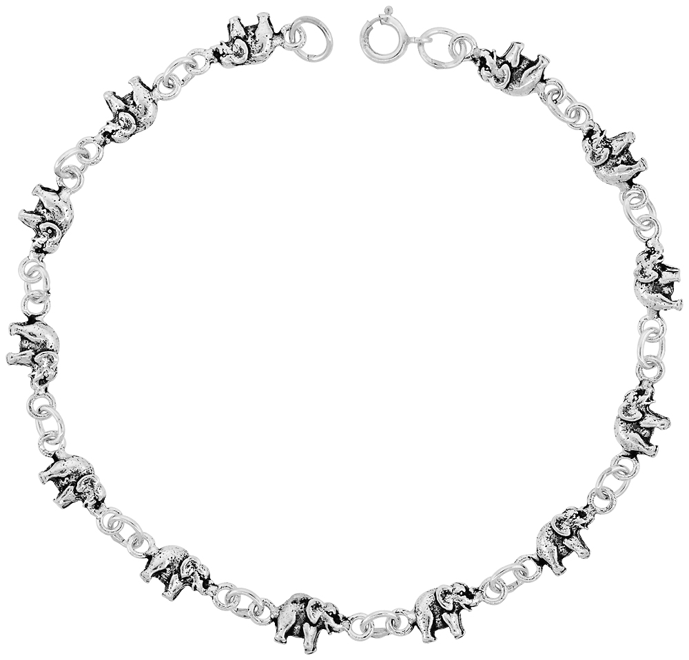 Dainty Sterling Silver Elephant Bracelet for Women 3/16 wide 7.5 inch long