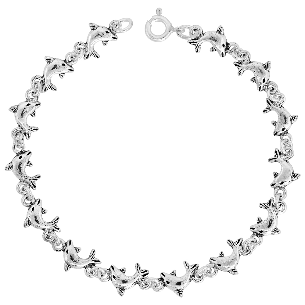 Dainty Sterling Silver Dolphin Bracelet for Women 1/4 wide 7.5 inch long