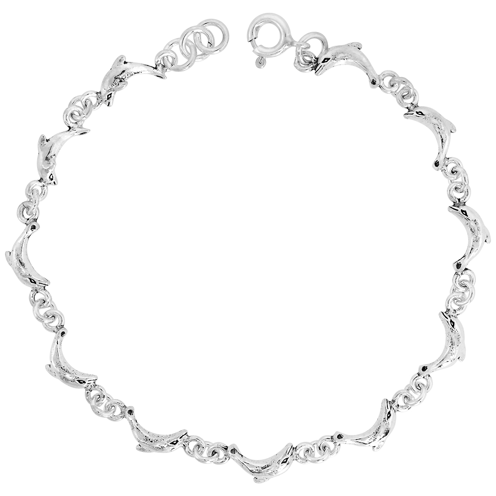 Dainty Sterling Silver Dolphin Bracelet for Women 1/4 wide 7.5 inch long