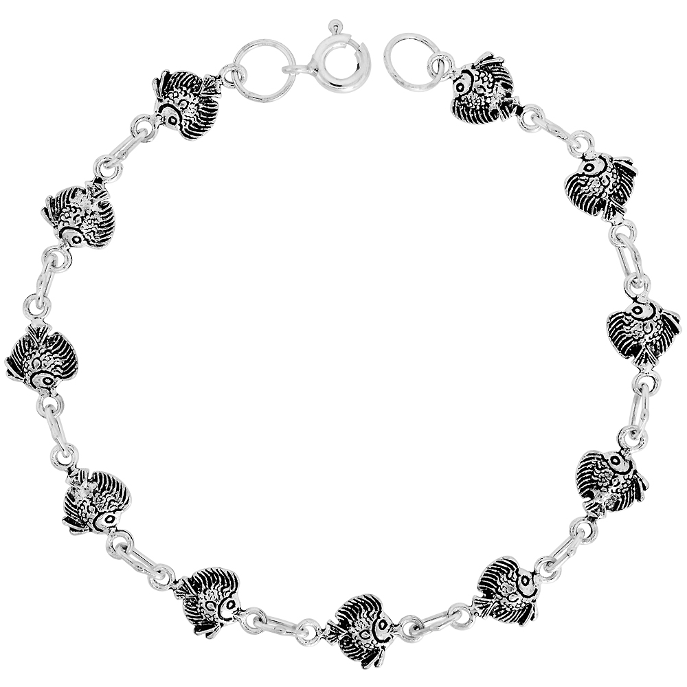 Dainty Sterling Silver Fish Bracelet for Women 1/4 wide 7.5 inch long