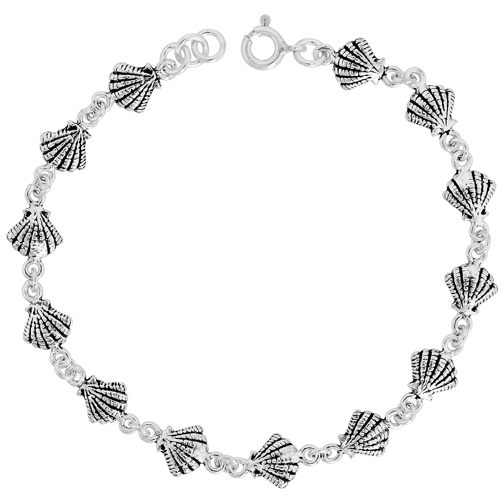 Dainty Sterling Silver Shell Bracelet for Women 5/16 wide 7.5 inch long