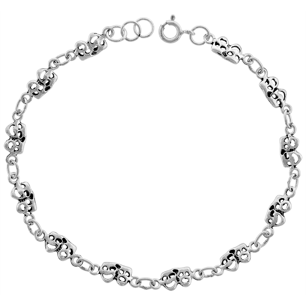 Dainty Sterling Silver Drama Masks Comedy & Tragedy Bracelet for Women 1/4 wide 7.5 inch long